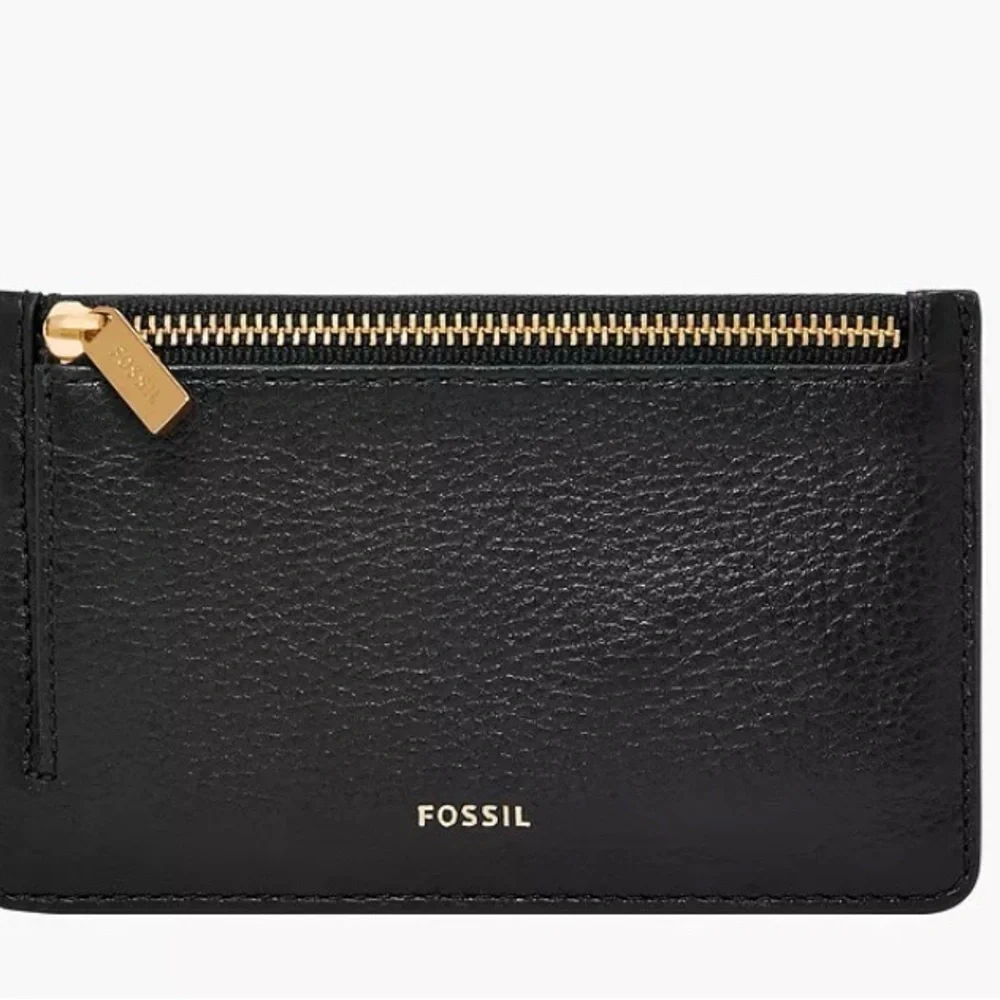 Fossil Black Leather card wallet with Gold Zipper - Picture 1 of 6